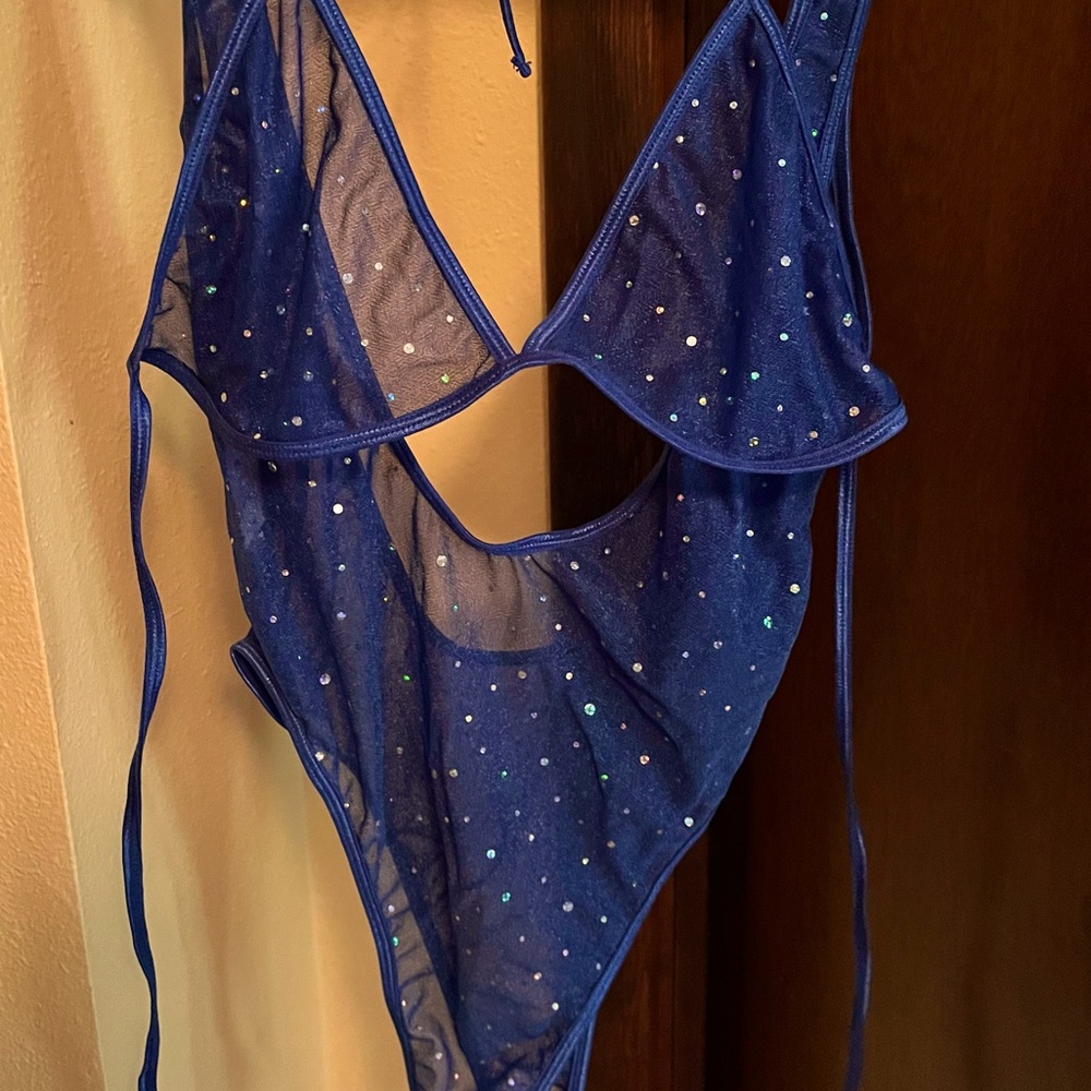 Sheer Blue Sparkly Lingerie Bodysuit Set S / M